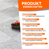 Bodenreinigung mit Bürste und Text.