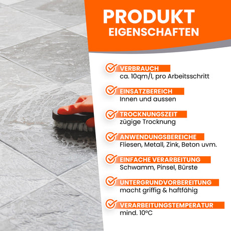 Bodenreinigung mit Bürste und Text.