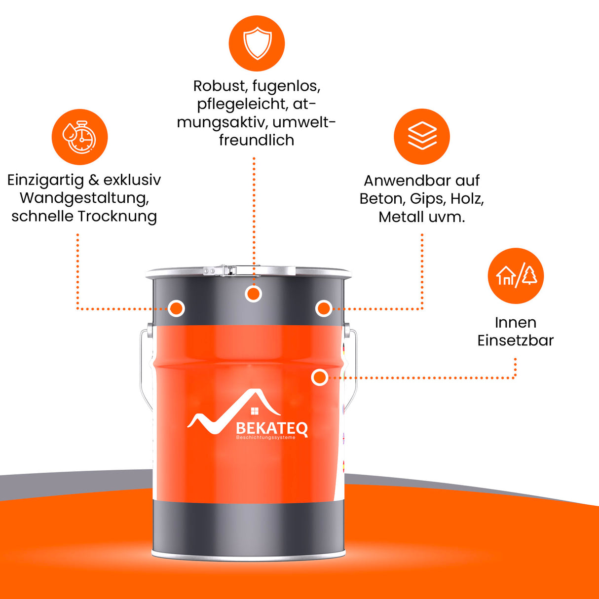 Farbeimer mit Produktinformationen und Icons.