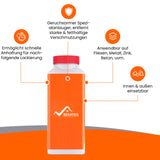 Flasche mit Produktinformationen und Icons.