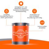 Fensterlack-Dose mit Produkteigenschaften.