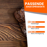 Holzoberfläche mit Produktliste.