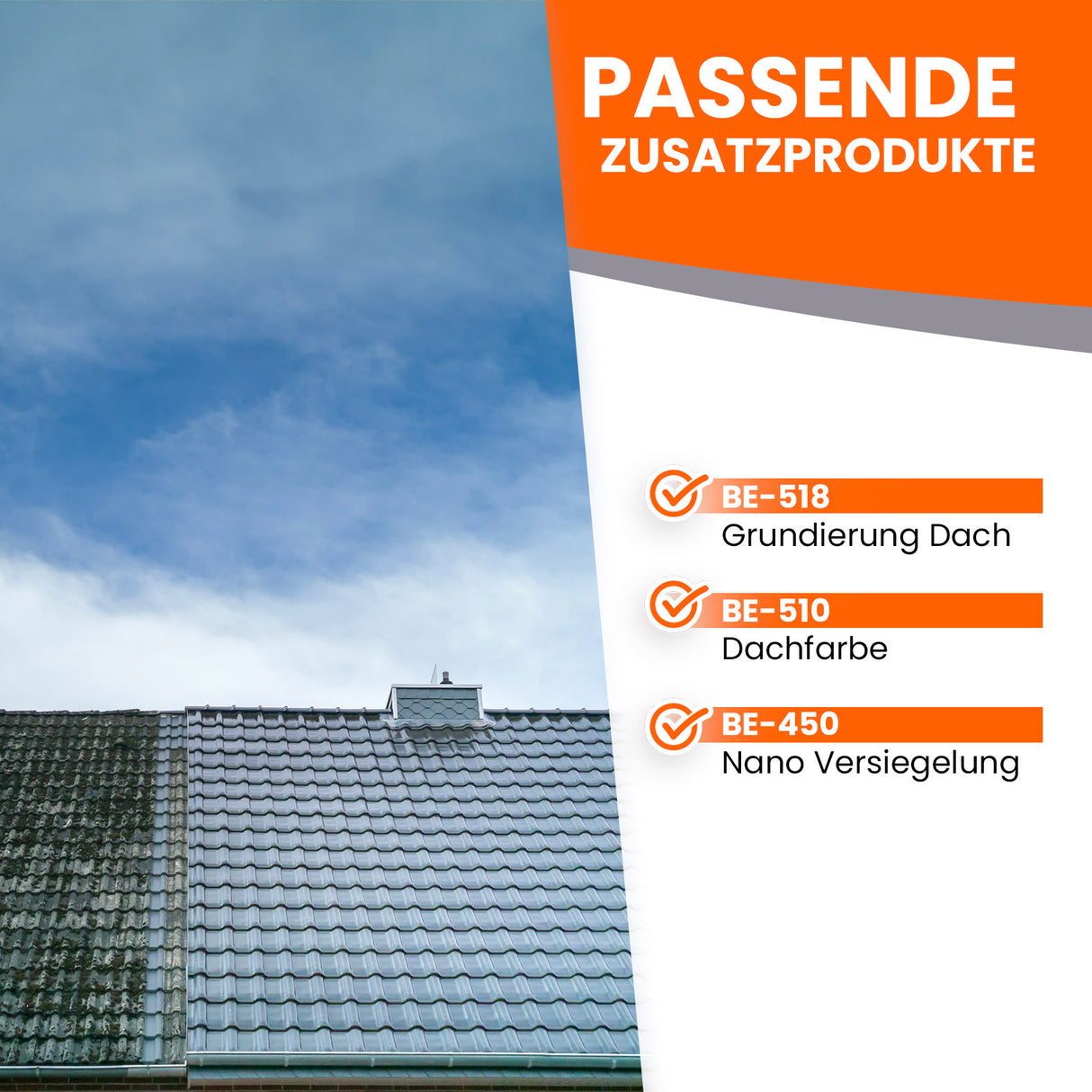 Dach mit Produktinformationen und Himmel.