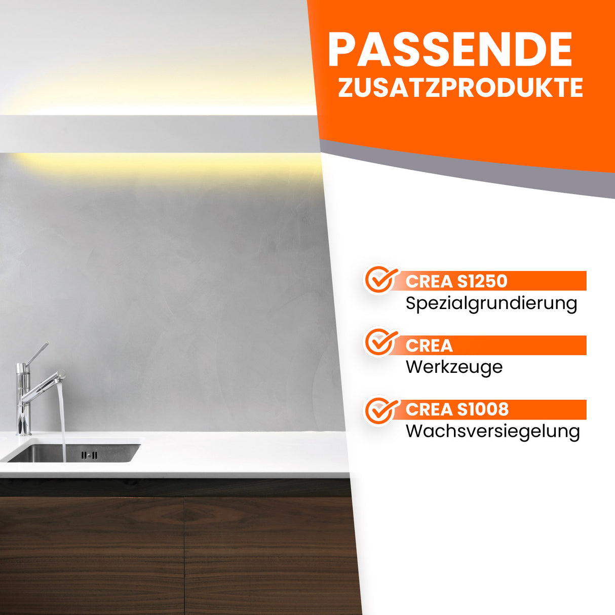 Küche mit Produktinformationen an Wand.