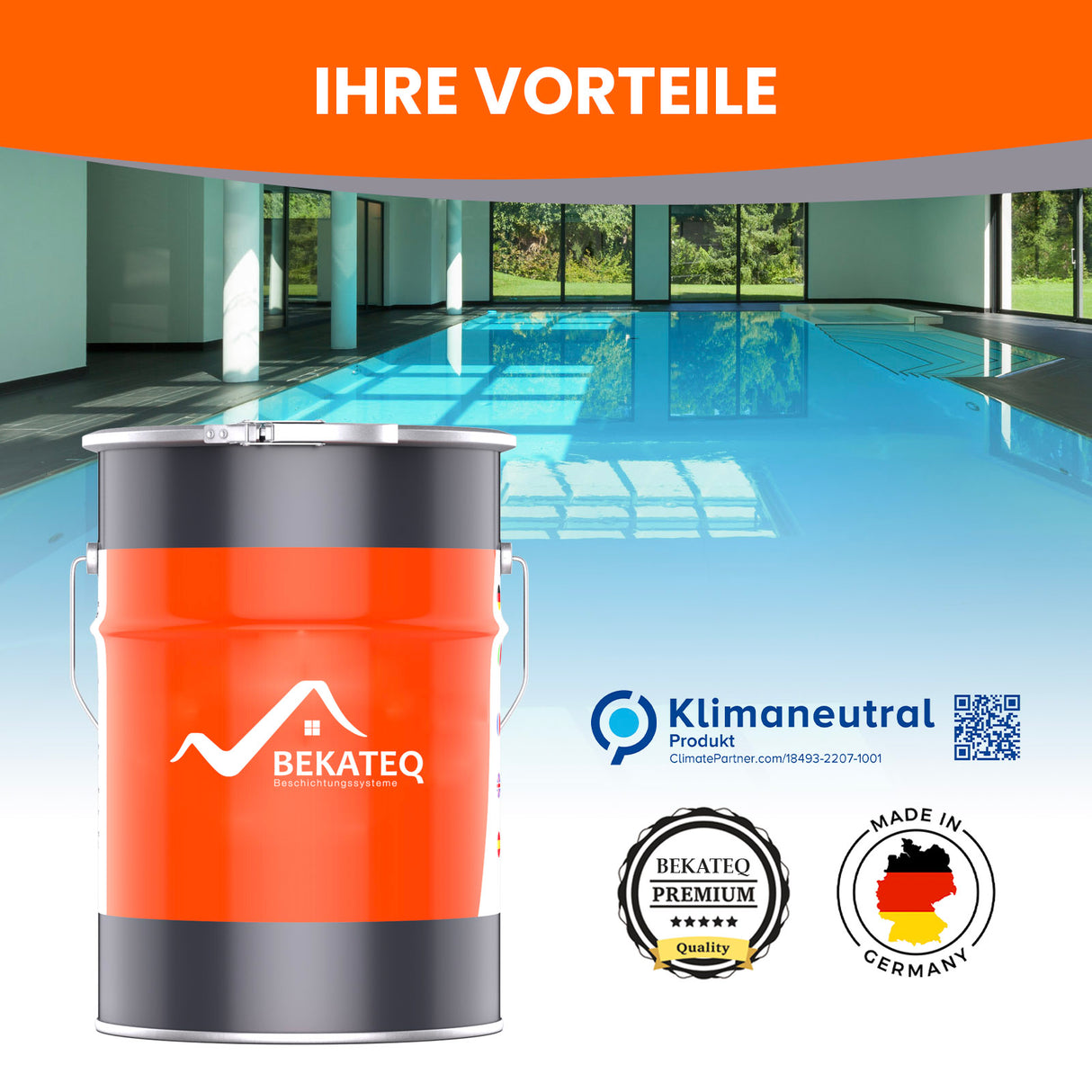 Farbeimer vor Swimmingpool und Logos.