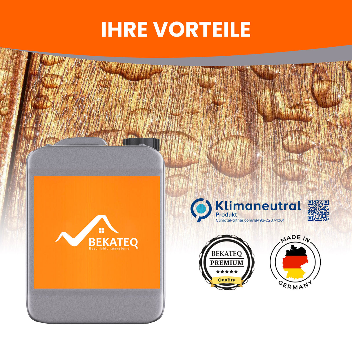 Kanister vor Holzoberfläche und Logos.