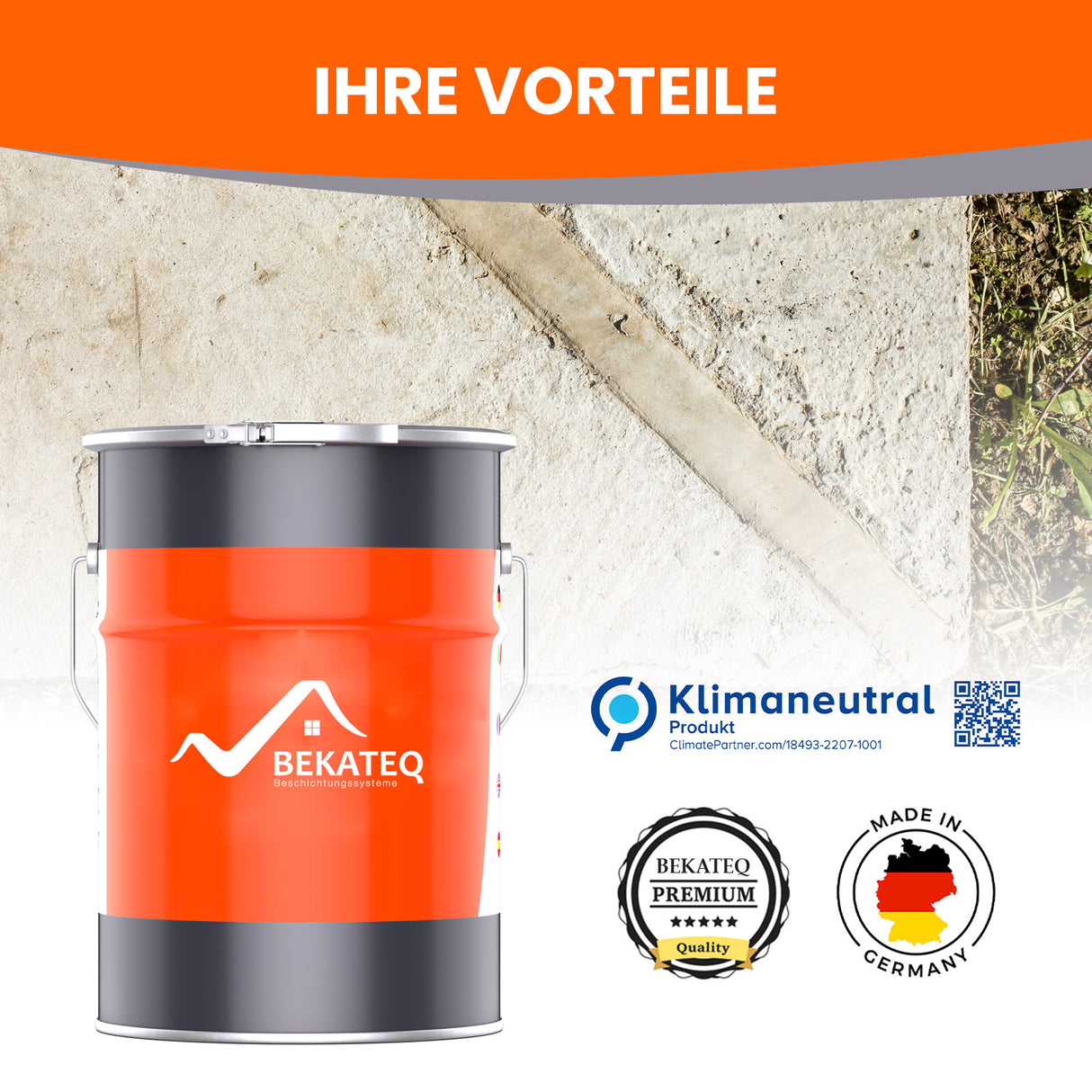 Farbeimer mit BEKATEQ-Logo, Zertifikate.