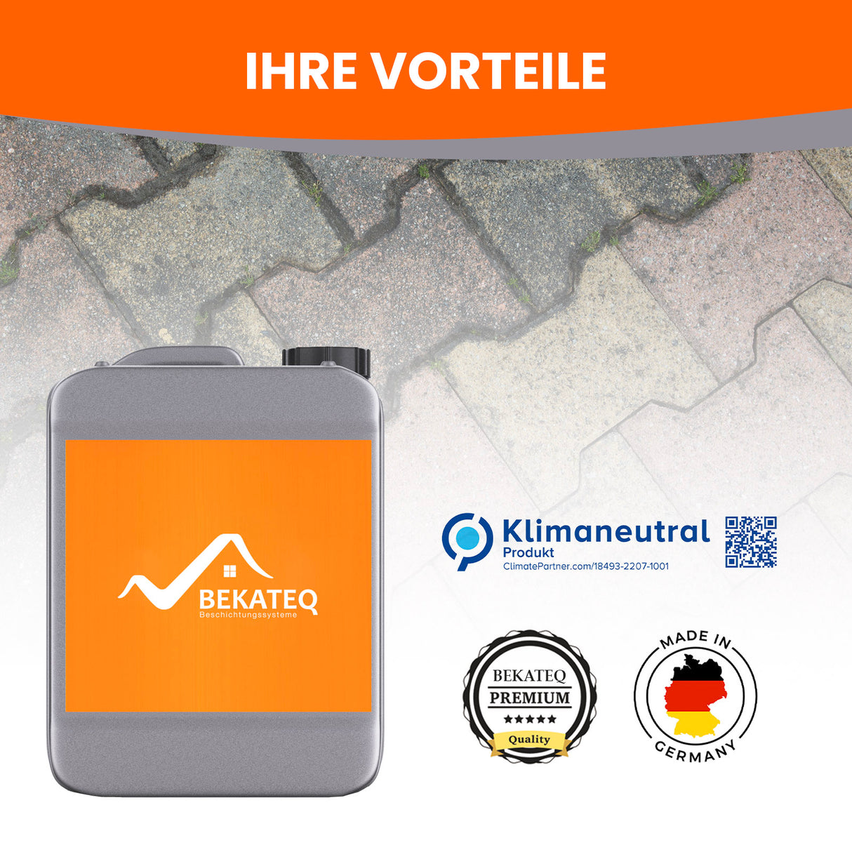 Kanister, Pflastersteine, BEKATEQ-Logo, Siegel.