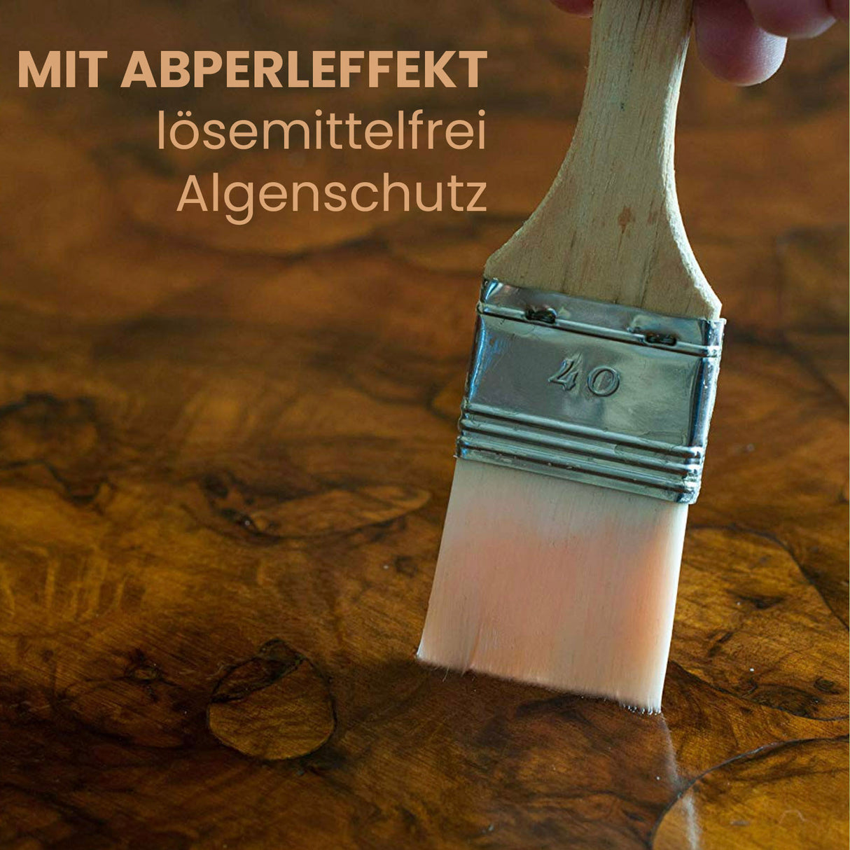 Pinsel auf Holzoberfläche mit Text.