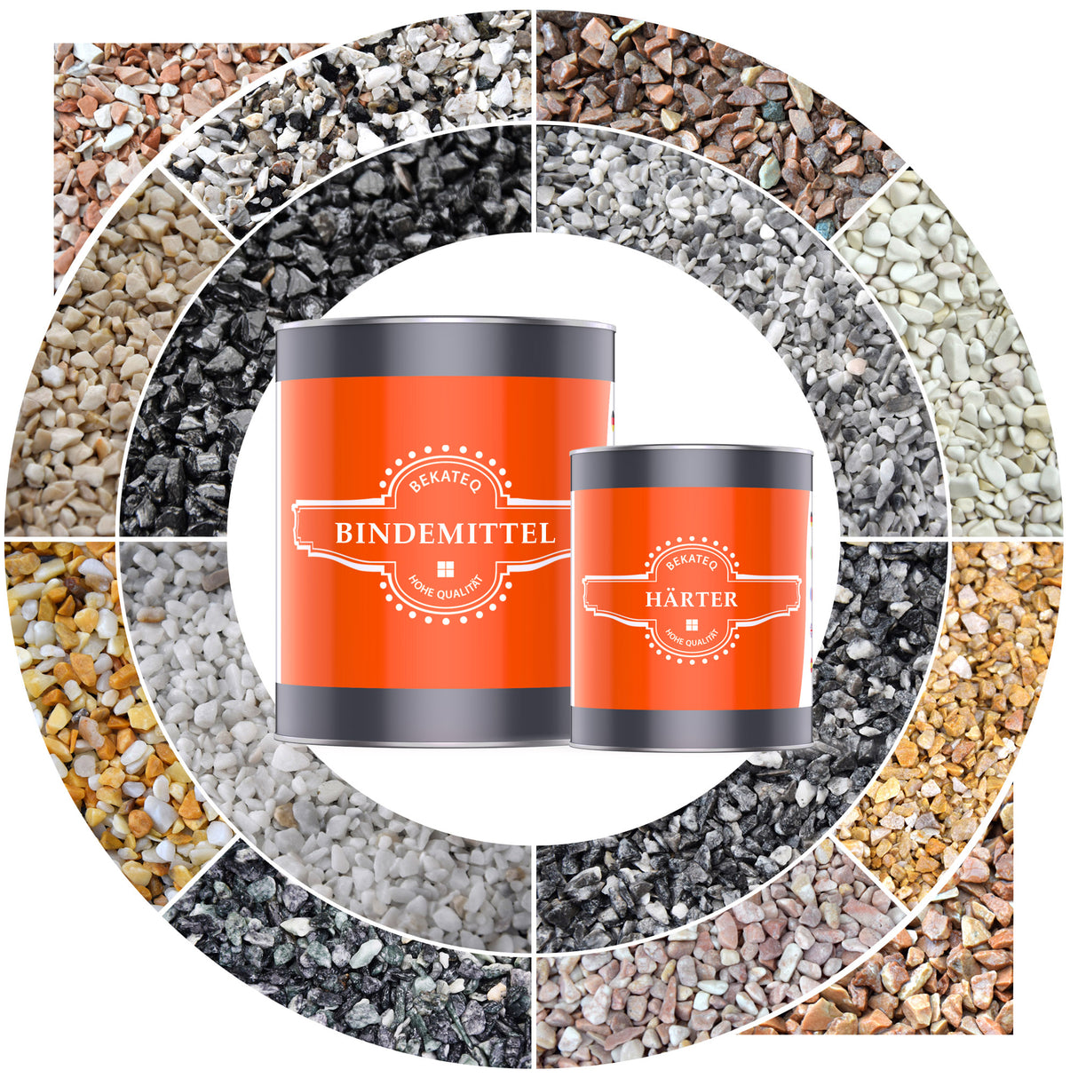 Bindemittel, Härter, bunte Steine, Kreis.