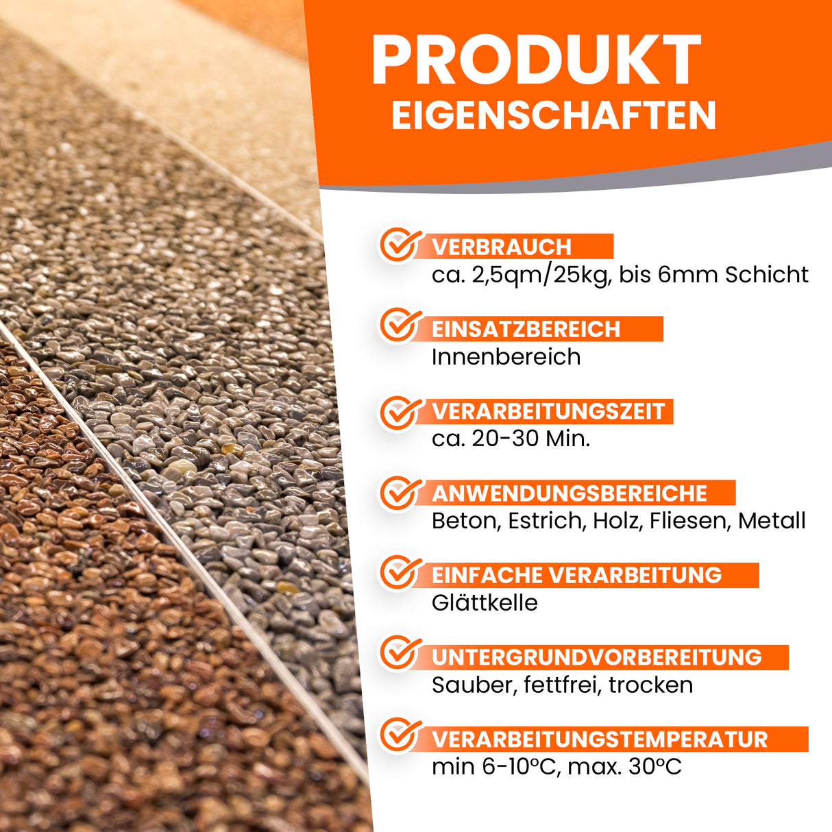 Steinboden mit Produkteigenschaften-Text.
