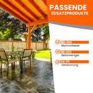 Terrasse mit Gartenmöbeln und Text.